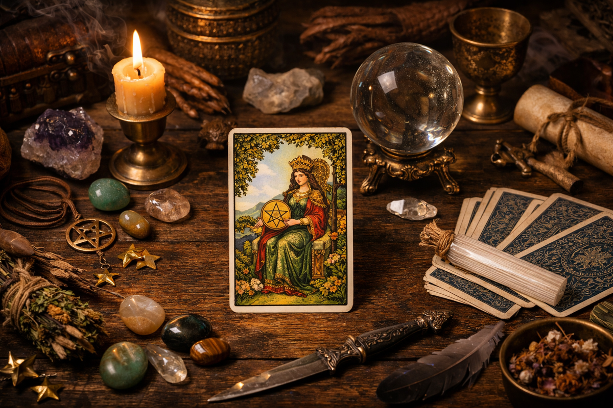 Королева Пентаклей в отношениях — про заботу через поступки, стабильность и ощущение опоры, а не про громкие слова.