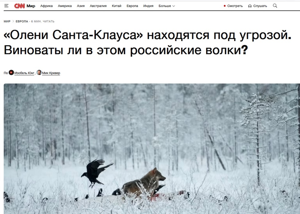    Заголовок статьи об оленях и волках на сайте CNN, скриншот, автоматический перевод