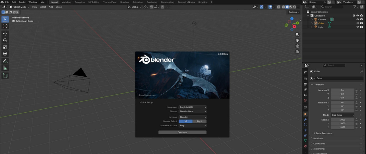 Главная страница при первом запуске обновленного Blender 5.0