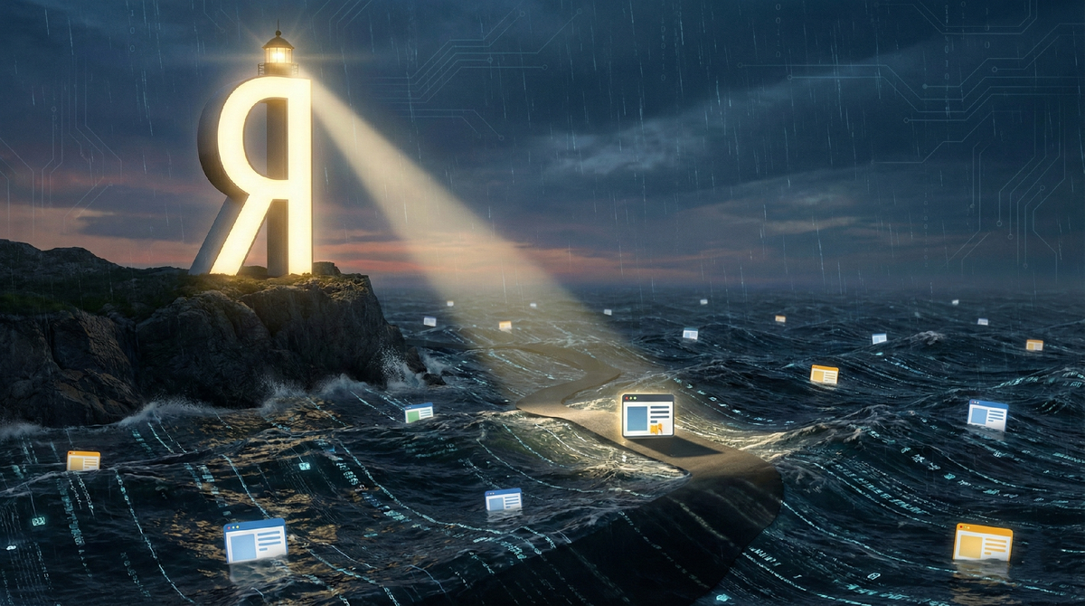 Яндекс как доминирующая сила в цифровом океане, где сайты борются за видимость и выживание.