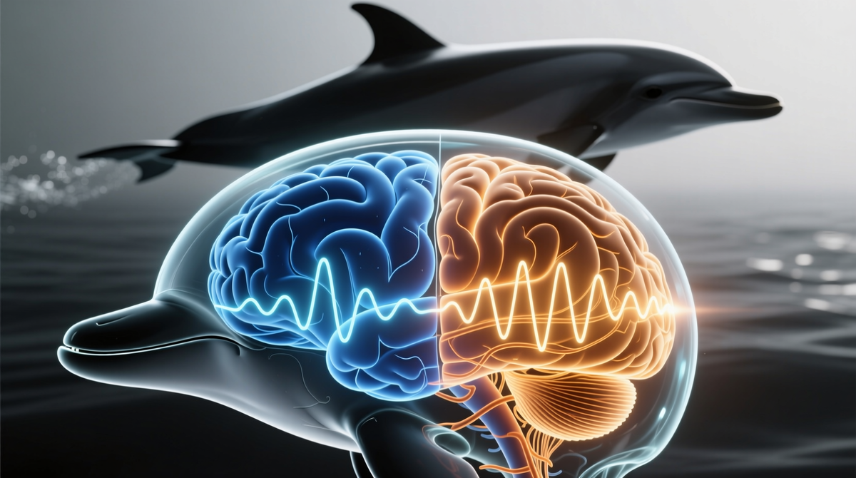 Мозг дельфина во время сна. Одно полушарие находится в фазе глубокого сна, второе — бодрствует и поддерживает жизненно важные функции.