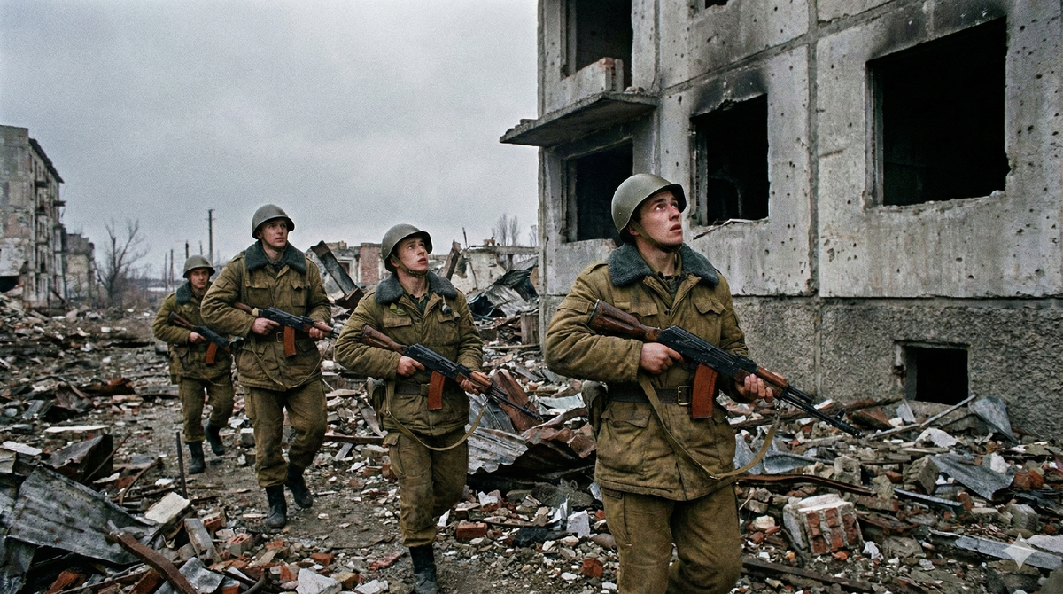 Солдаты федеральных войск в разрушенном Грозном. Первая чеченская война, уличные бои в городских руинах. Группа пехоты ведет разведку под прицелом невидимых снайперов боевиков.