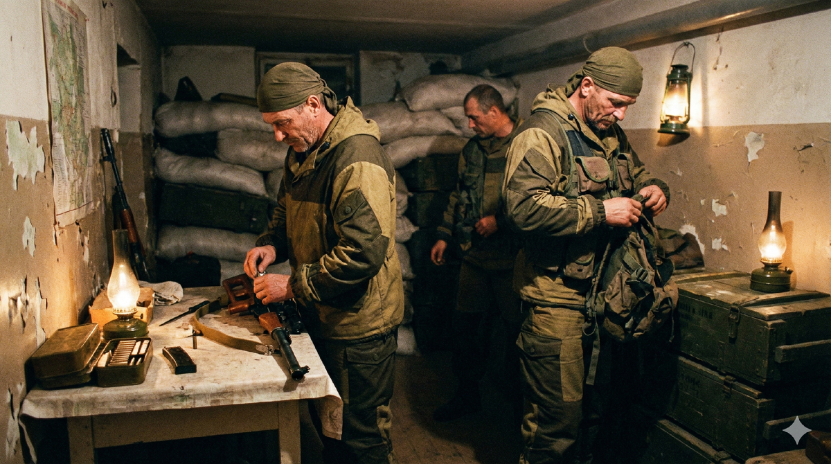 Бойцы спецназа ГРУ готовятся к ночному выходу в Грозном. Проверка снаряжения и чистка бесшумной снайперской винтовки ВСС «Винторез» перед охотой на вражеских стрелков. 1995 год.