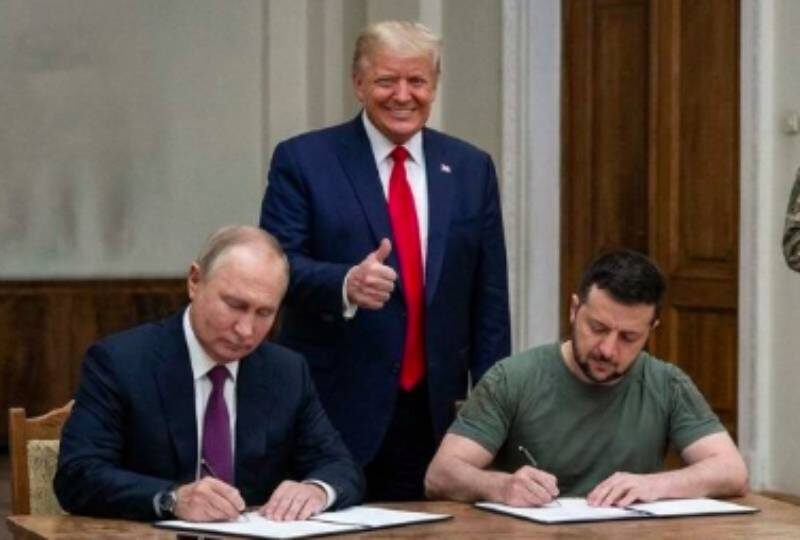    Трамп так и видит, как Путин и Зеленский подписывают мир. Вот только по-настоящему давить на Украину он не решается. (Иллюстрация: нейросети).