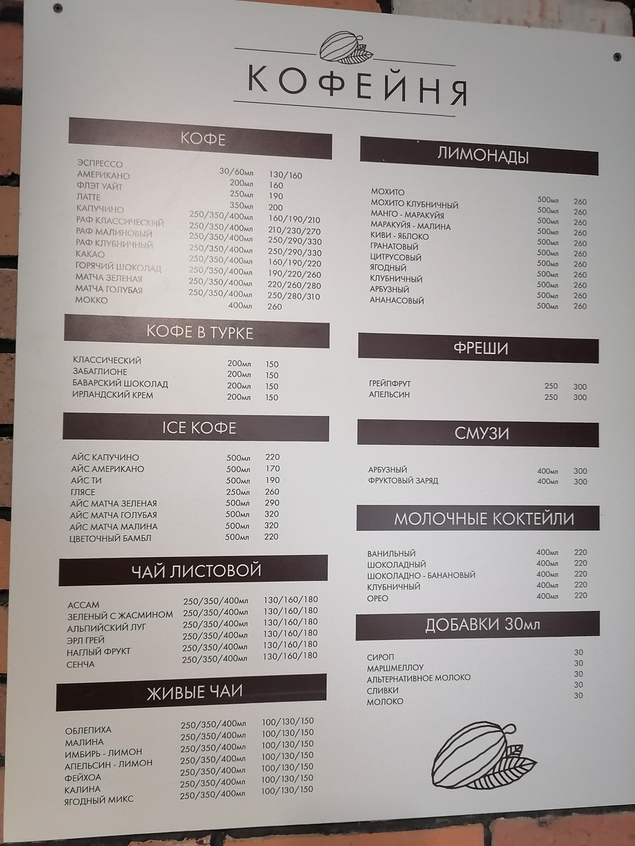Меню кофейни возле санатория "Осетия у входа в парк "Нартон" во Владикавказе. Фото автора. 