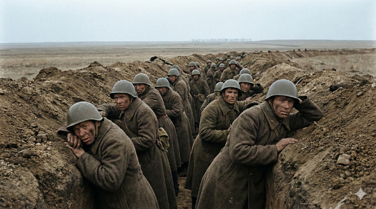 Советские солдаты в окопах перед взрывом на Тоцком полигоне. Операция Снежок 1954 год, подготовка к ядерным учениям.