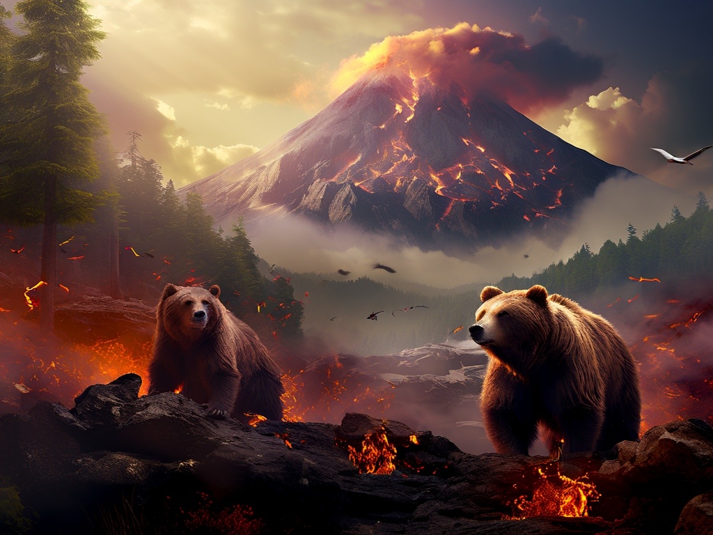 Бурый медведь. Извержение вулкана в тайге. Создано нейросетью.