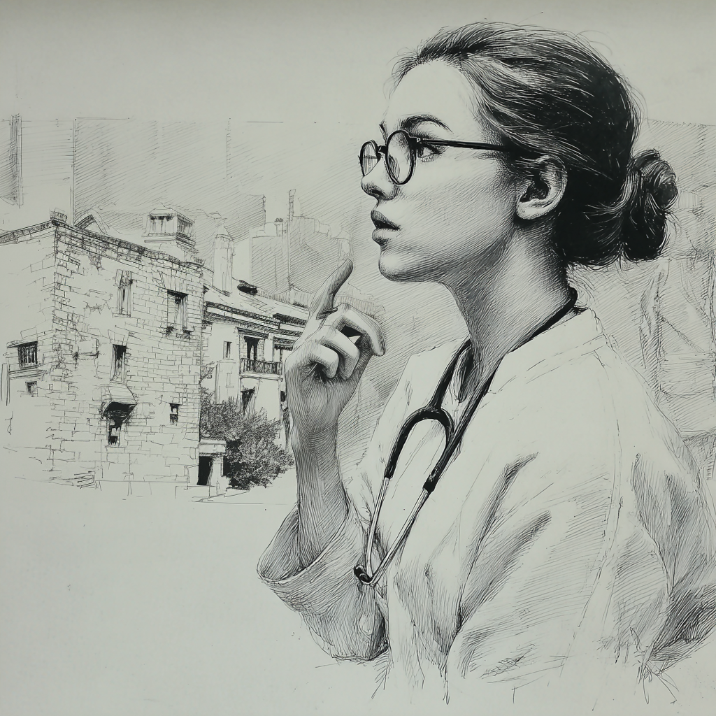 Рисунок создан ИИ, специально для этого рассказа по описанию автора. Это была она, не древняя врачиха, а совсем молодая, можно сказать юная девушка врач или практикантка по кожным заболеваниям и тому подобным вещам.