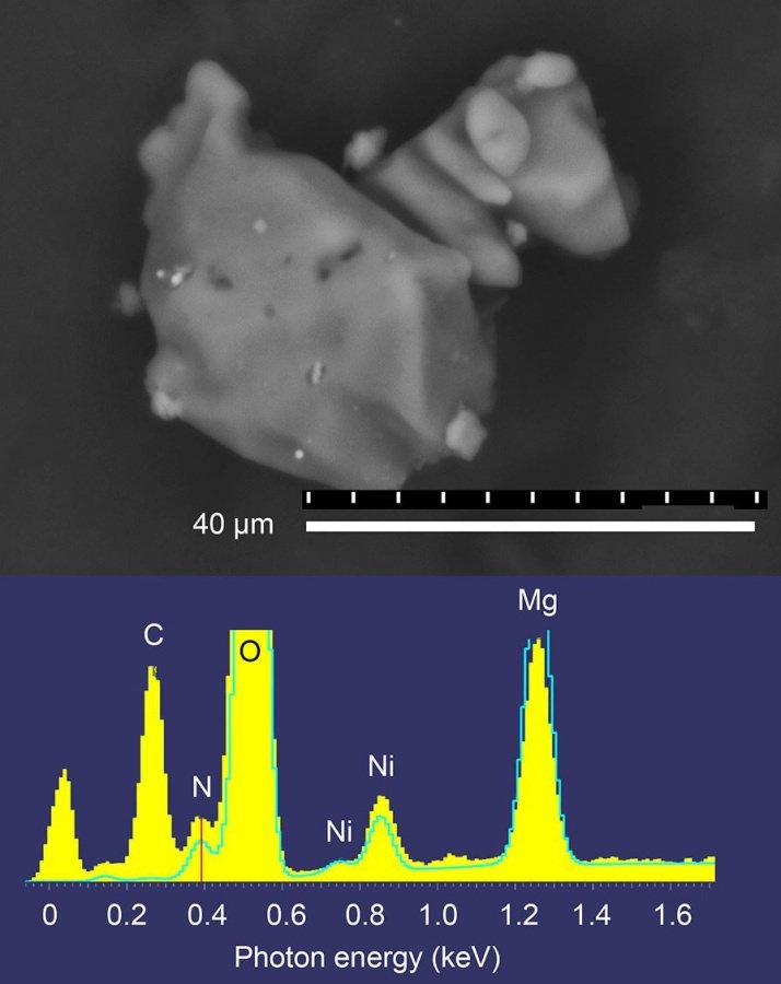    Кристалл буссенготита из метеорита Orgueil, микрофото в отраженных электронах (сверху) и энергодисперсионный спектр, показывающий наличие азота в составе минерала (снизу).