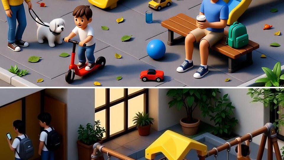 Тест на внимательность. Двор полон тайн. 10 отличий.