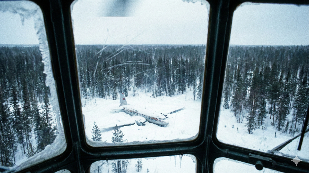 Документальный вид из окна поискового вертолета Ми-8 на обнаруженный среди лесов борт Ил-14. Снимок фиксирует момент находки пропавшего самолета на удаленной заснеженной поляне в глухой тайге.