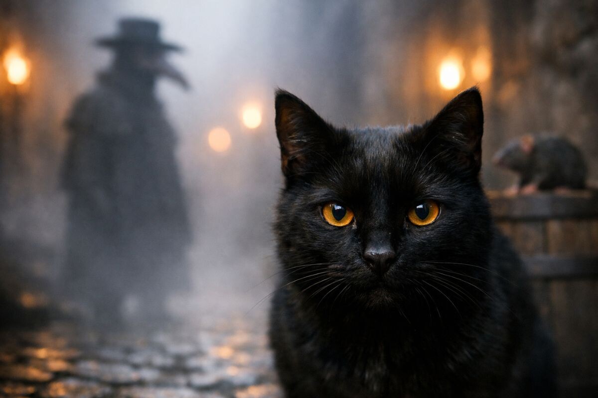 Чёрный кот в туманном переулке, атмосфера легенды о чуме