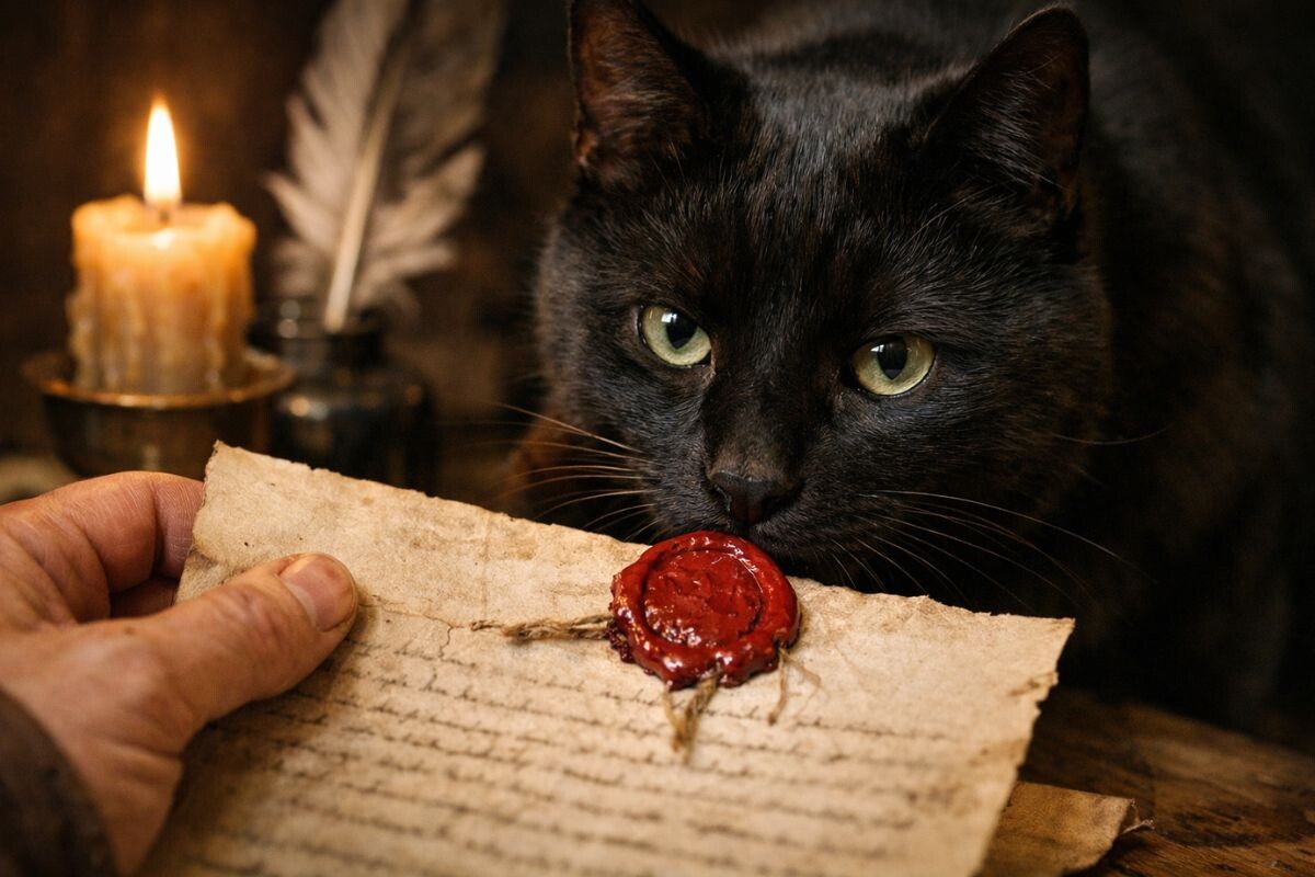 Кот крупным планом возле старого документа