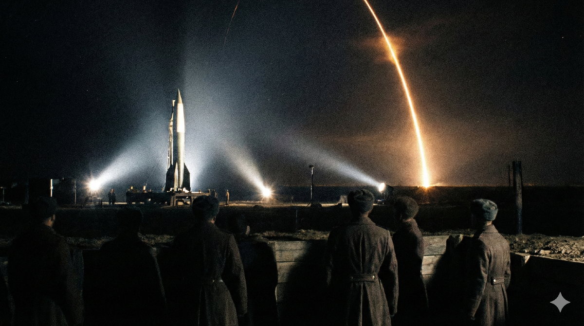 Ночной запуск ракеты Фау-2 на полигоне Капустин Яр в 1940-х годах. Секретные испытания трофейных немецких технологий в СССР, начало советской ракетной программы.