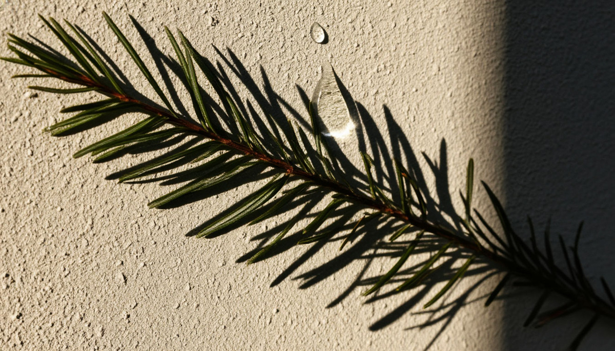 2. «Тень ёлочной ветки»
Описание:
Минималистичная композиция: проекция тени еловой ветви на стену и крошечная стеклянная капля, имитирующая замёрзшую росу.

История:
Автор задумал этот образ после прогулки по зимнему лесу, где солнечные лучи создавали на снегу причудливые тени. Стеклянная капля — отсылка к детским воспоминаниям: в морозные утра на ветках появлялись ледяные «бусины», которые таяли при первом прикосновении. Работа напоминает: красота часто скрыта в простых вещах — достаточно замедлиться и увидеть.