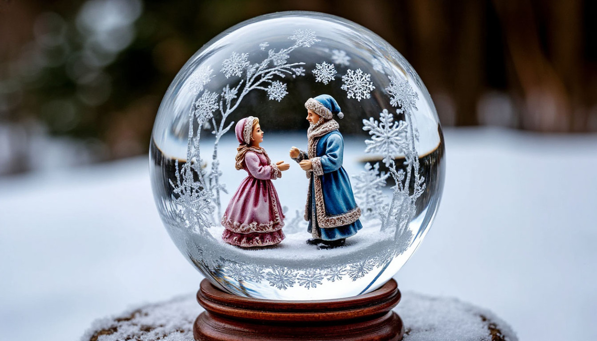 Артефакт: хрустальный шар «Морозко», 1910 г.
Техника: стеклодувное искусство, гравировка, папье‑маше, роспись темперой, ручная вышивка.
Место хранения: музей «Клинское подворье» (КП‑1247/1972).

Когда я впервые увидела этот шар, меня поразило, что он словно светится изнутри. Это не магия — лишь игра света на гранях хрусталя и блёстках. Но в этой иллюминации читается главное: история о том, как сказка становится лекарством.

Для меня этот шар — отправная точка исследования «зимних алхимий». В нём сошлись ключевые мотивы, которые я буду развивать в следующих кадрах:

игра света и прозрачности;
магия ручной работы;
идея микромира‑сказки.