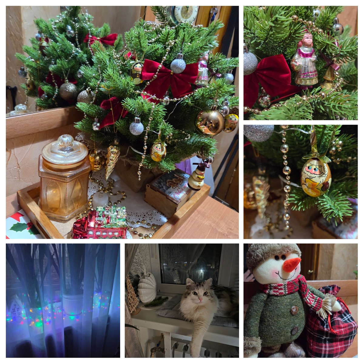 Такая ёлочка и снеговичок у нас втсречают гостей в прихожей и сразу поднимают настроение. На ёлке встретилось прошлое и настоящее - игрушки из моего детства, как Снегурочка на прищепке, например, и деревянные игрушки, купленные недавно. А ещё маленькие шарики, выпускаемые специально для таких ёлочек. Куплены в прошлом году, пригодились в этом. Гирлянду не вешала, а разложила на подоконнике, прикрепив её к цветочным горшкам маленькими прищепками. Между ними мои самодельные ёлки, стеклянные олени и заснеженный домик. Другое окно почти не украшено. Это вотчина Иннокентия. Любит там полежать. Вечером огоньки горят, режимов много, на душе тепло. 