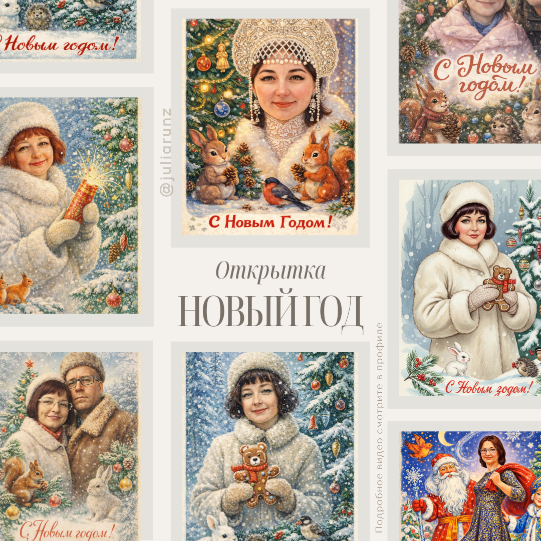 Возьмите любую фото, в том числе с семьей, пейзаж, кадры города и с помощью промта создайте открытку.