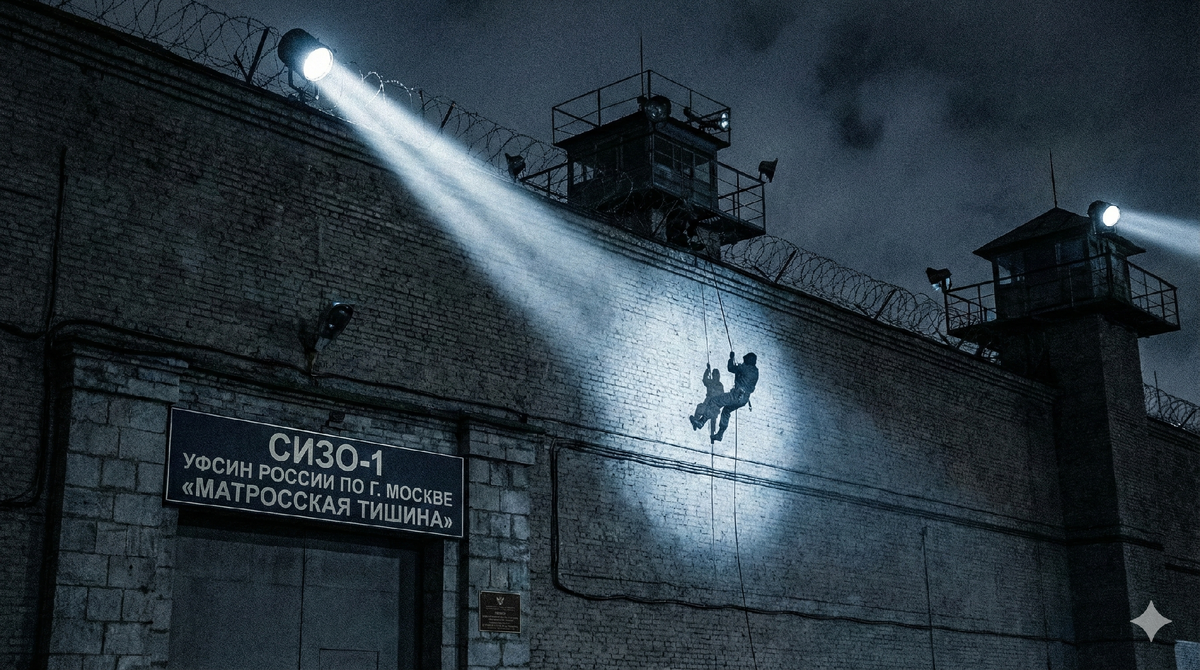 Визуализация легендарного побега из СИЗО «Матросская тишина» в июне 1995 года. Ночной кадр с кирпичными стенами тюрьмы и фигурой заключенного, спускающегося по альпинистской веревке. Это единственный в истории случай успешного побега из этого изолятора, ставший возможным благодаря сговору киллера Курганской ОПГ с сотрудником охраны.