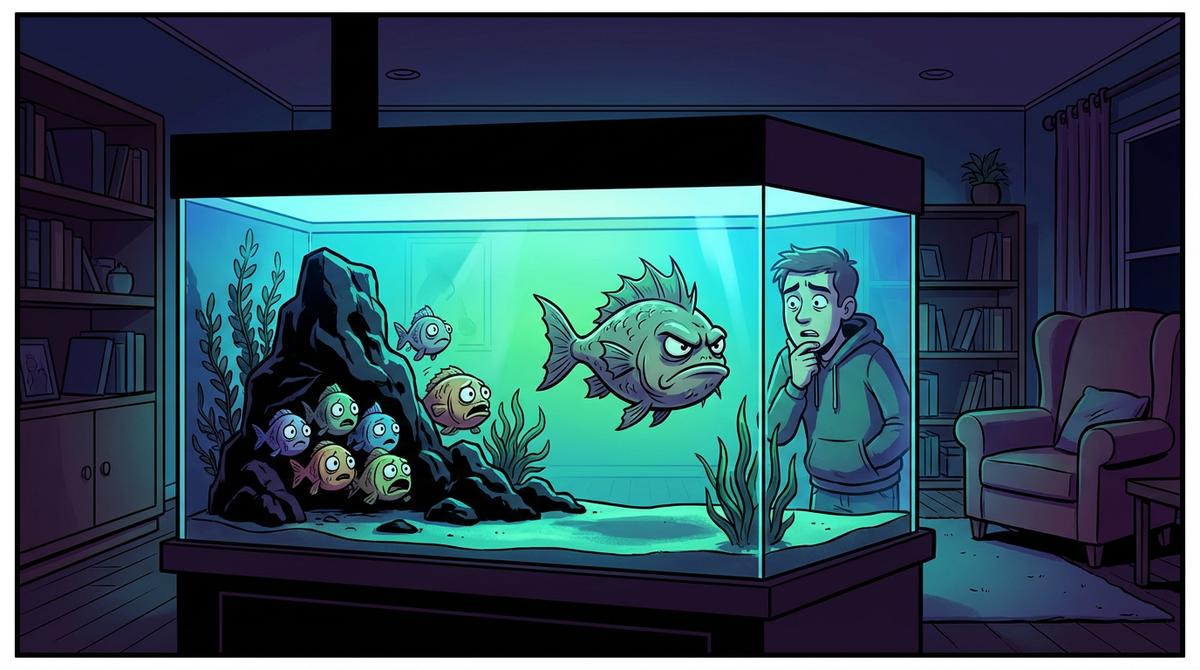 Рыбы прячутся и стоят в углах