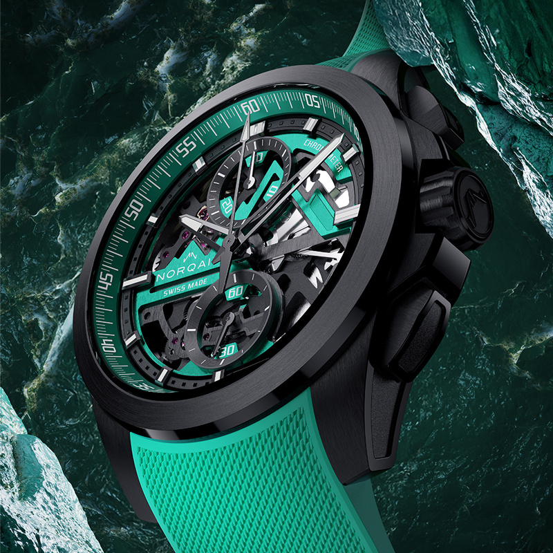 Хронограф NORQAIN Independence Skeleton Chrono в 42 мм корпусе из титана со скелетонизированным циферблатом нефритово-зеленого цвета и функцией Flyback. Лимитированная серия: 500 экземпляров