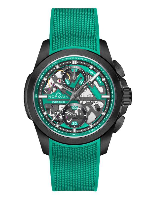 Хронограф NORQAIN Independence Skeleton Chrono в 42 мм корпусе из титана со скелетонизированным циферблатом нефритово-зеленого цвета и функцией Flyback. Лимитированная серия: 500 экземпляров