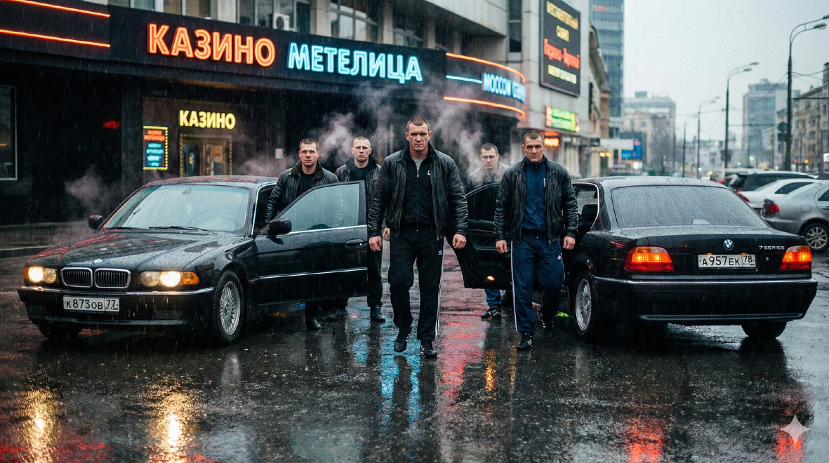 Члены Курганской ОПГ в 90-е годы в Москве. Ночная сцена у казино, бандиты на BMW, атмосфера криминальной столицы и "лихих девяностых".