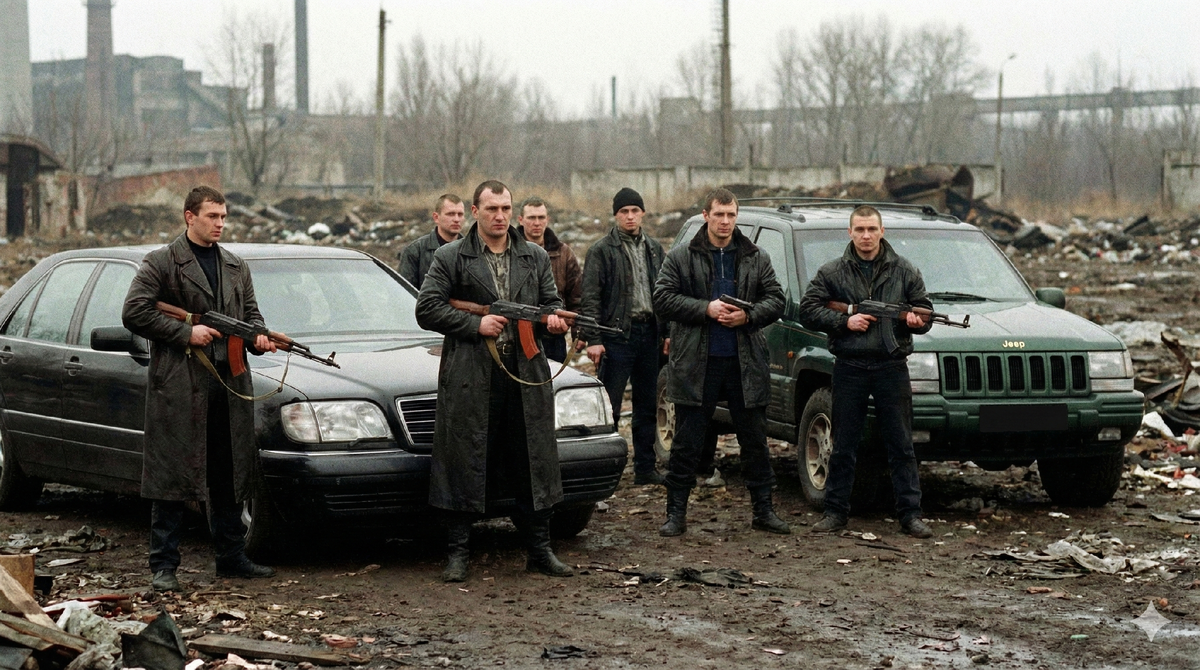 Боевики Курганской ОПГ на стрелке в 90-е. Вооруженные бандиты с автоматами и пистолетами на фоне иномарок, криминальные разборки в России.