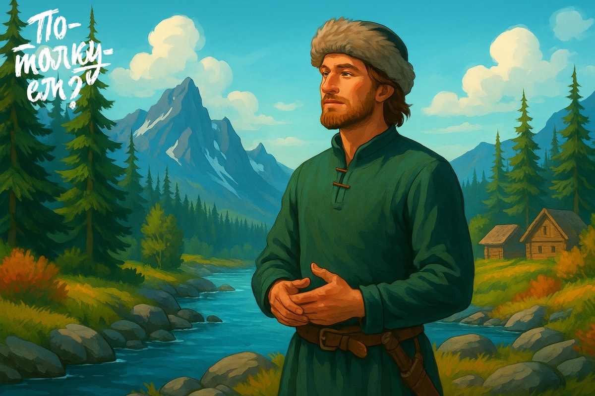 Молодой северянин стоит у реки среди елей и скал и слушает ветер
