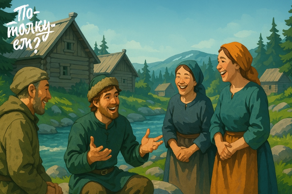 Молодой северянин сидит у реки и оживленно разговаривает с людьми в деревне