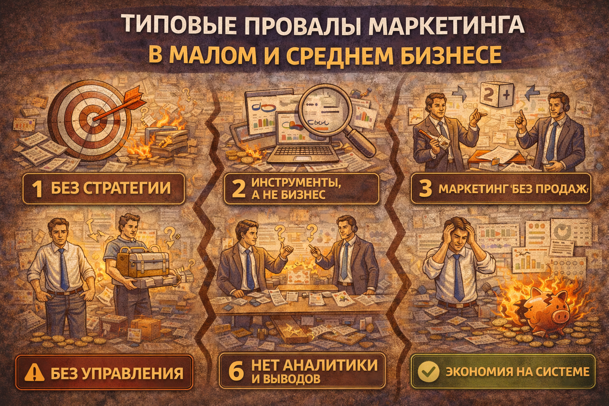 Типовые провалы маркетинга в малом и среднем бизнесе — это не ошибки маркетинга.
Это ошибки управления. Маркетинг либо встроен в систему роста, либо превращается в постоянный источник разочарования. Третьего варианта нет.