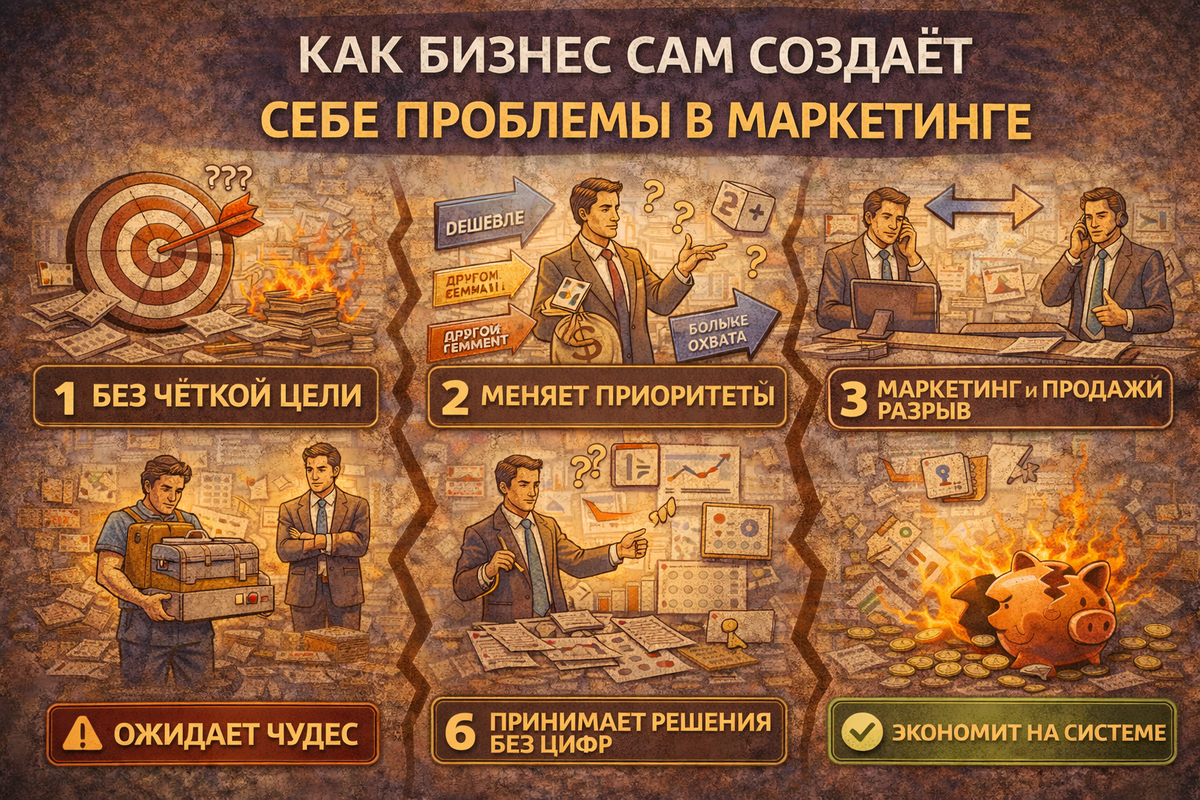Маркетинг редко «ломается сам». Чаще бизнес: путает цели; дёргает систему; ждёт чудес; не берёт ответственность. И получает ровно тот результат, который сам и создал.
