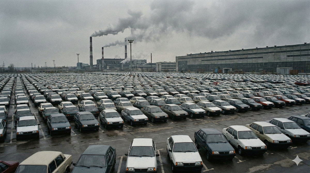 Панорамный вид на завод АвтоВАЗ в Тольятти в 1990-е годы. Тысячи новых автомобилей ВАЗ-2109 и ВАЗ-2107 на площадке готовой продукции. Визуализация масштабов советского автогиганта, ставшего объектом борьбы ОПГ.