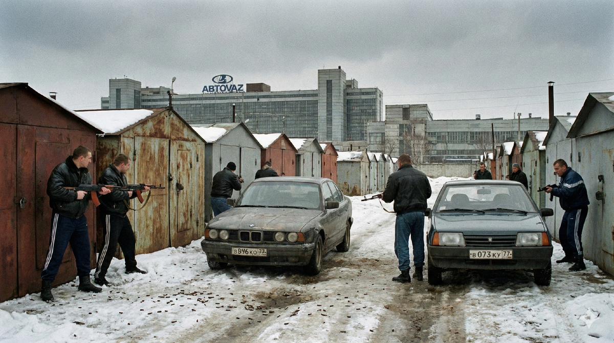 Реалистичная реконструкция криминальной разборки в Тольятти 90-х. Вооруженные бандиты в кожаных куртках на фоне промзоны и подержанных иномарок (BMW). Атмосфера «Великой рэкетирской войны» за контроль над сбытом автомобилей.