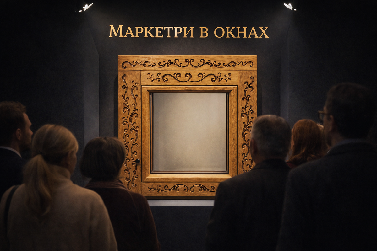 Фото техники "Маркетри" на деревянном окне