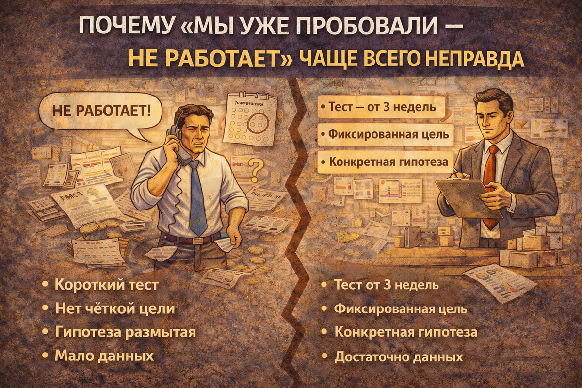 Фраза «мы уже пробовали — не работает» чаще всего означает не провал, а недоведённую работу. Маркетинг редко «не работает» с первого раза. Он работает через: гипотезы, ошибки,
корректировки, дисциплину. И если бизнес прекращает попытки слишком рано, он получает ровно тот результат, который сам и выбрал — отсутствие роста.
