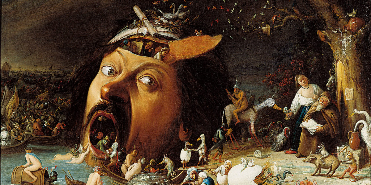 Шедевры средневековой живописи. "Искушение святого Антония."  Художник-любитель фламандский пекарь Йос ван Красбек. Около 1650 года. Из пособия для экскурсоводов:"На полотне доминирует большая кричащая голова, извергающая множество дьяволов. Это метафора злых мыслей и идей, обретших физическую форму. Святой Антоний изображён сидящим в укрытии и держащим в руках Священные Писания. Перед ним море вымывает различных злых духов и другие вредные искушения." Источник - fr.pinterest.com