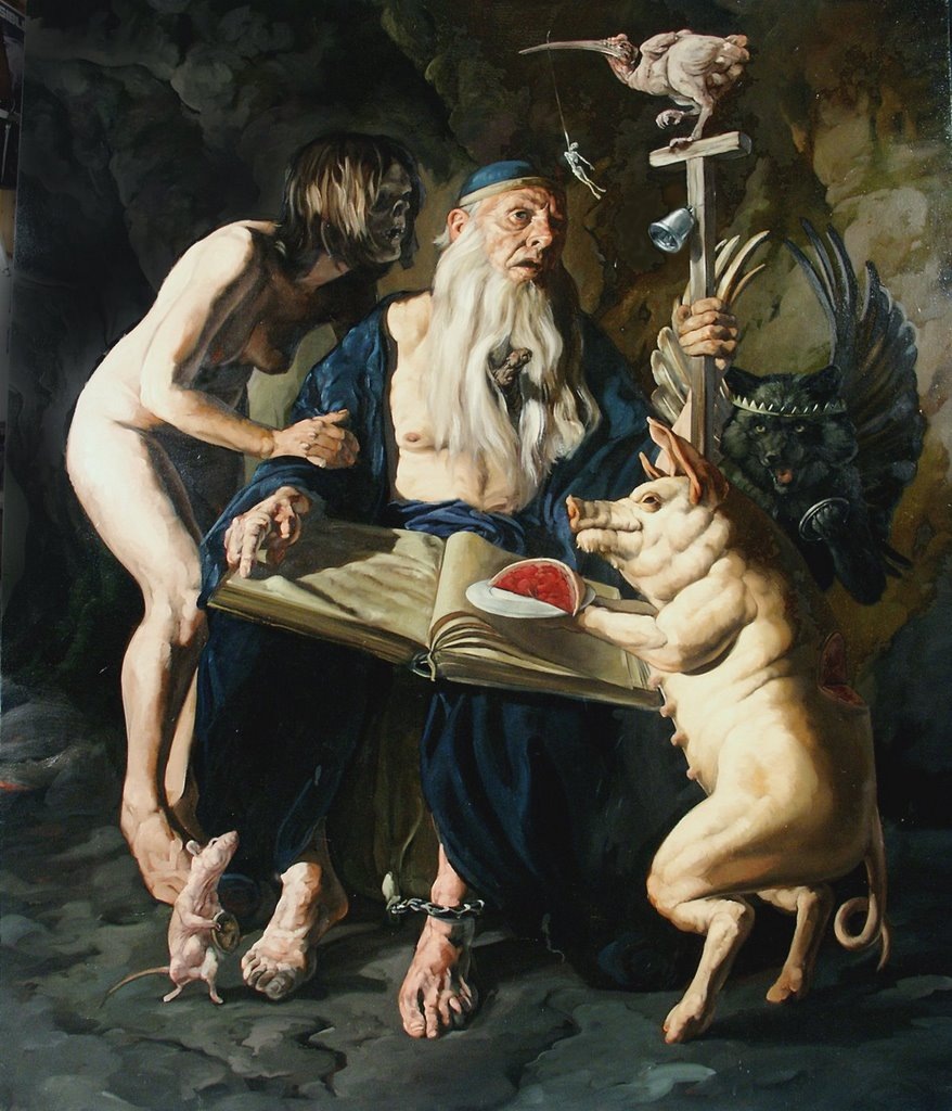  Классика магического реализма и сюрреализма. "Искушение святого Антония". Художник  Эрик Тор Сандберг (Erik Thor Sandberg). Из пособия для экскурсоводов:"Гротескная картина, в которой  прослеживается тонкая грань между добродетелью и пороком. Порок представлен в виде женщины с низкой социальной ответственностью и гибридной свиньёй, олицетворяющей уродство зла." Источник -https://vk.com/wall 