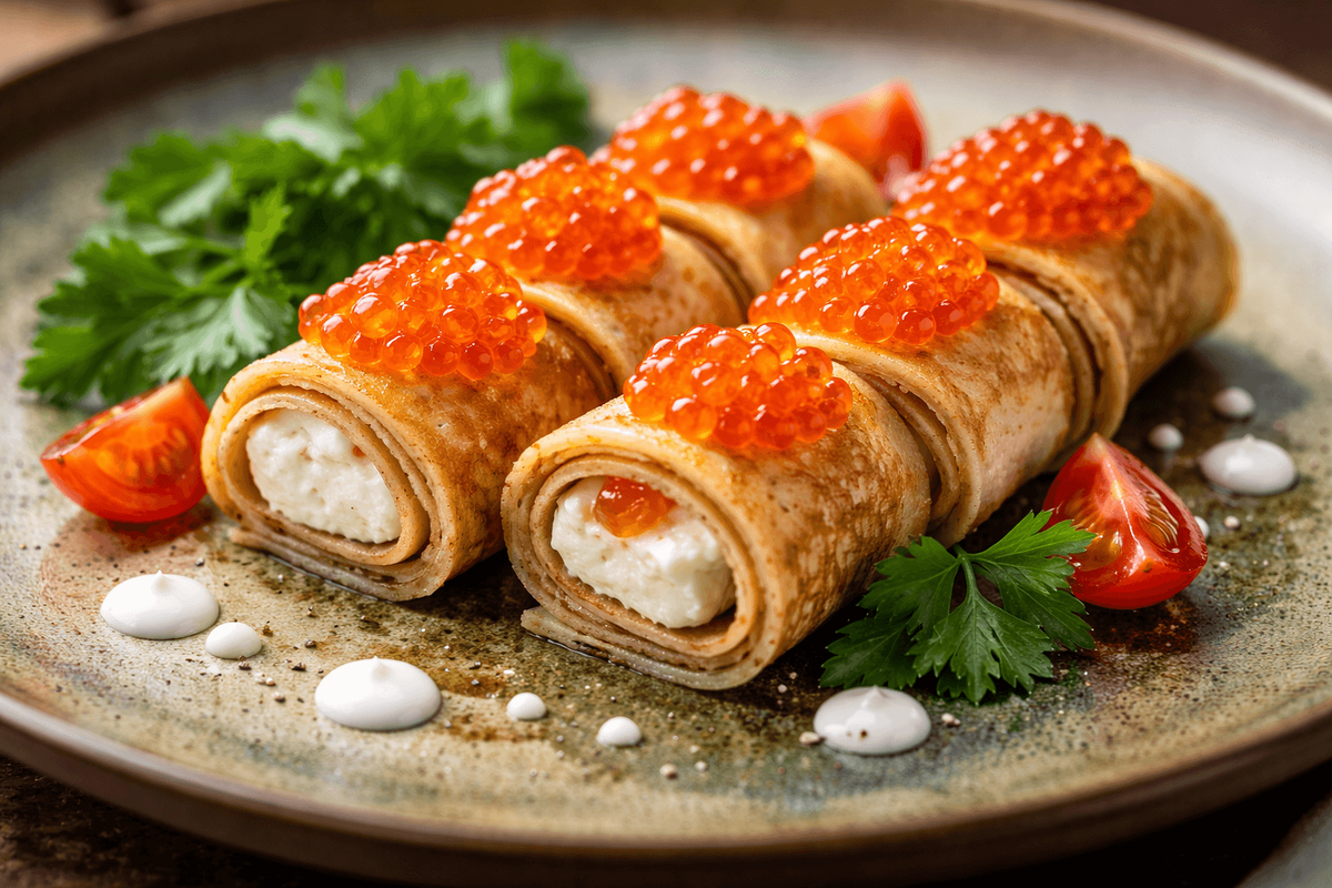 Блинчики с икрой. Изображение сгенерировано с помощью нейросети Chat GPT