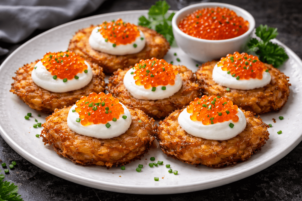 Драники с икрой. Изображение сгенерировано с помощью нейросети Chat GPT