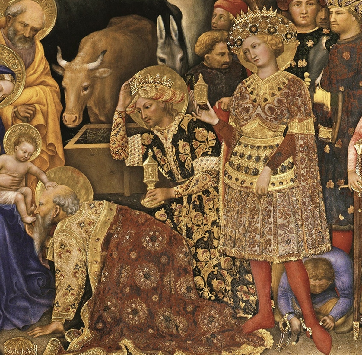 Джентиле да Фабриано, «Поклонение волхвов», фрагмент .1423 год. Темпера на деревянной панели, золото, серебро, самоцветы,ляпис-лазурь. 300 см × 282 см. Галерея Уффици, Флоренция, Италия. 