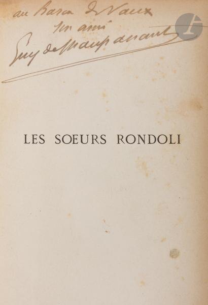 На изображении показана обложка книги, опубликованной в 1884 году, рукописная надпись "Барону Д'Во, его друг, Ги де Мопассан"