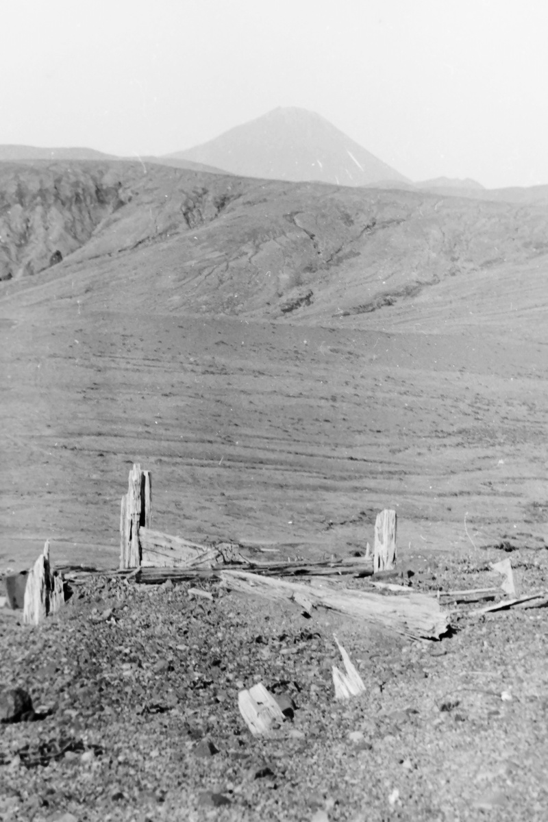 Остатки старой позиции на вершине горы "Дорожная". Видны буквально съеденные песком столбы, а на дальнем плене вулкан "Прево".