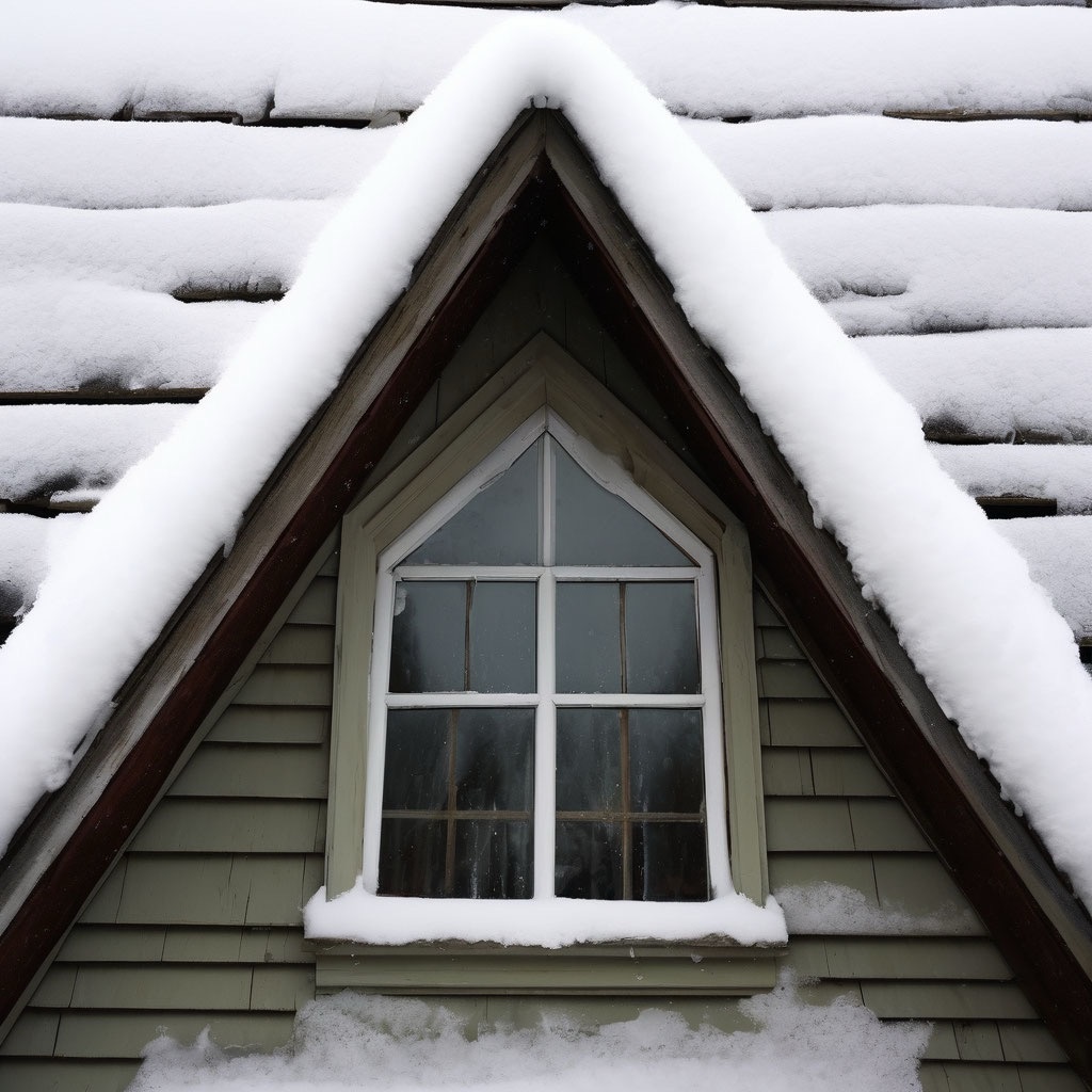 Снимок заснеженного окна чердака.