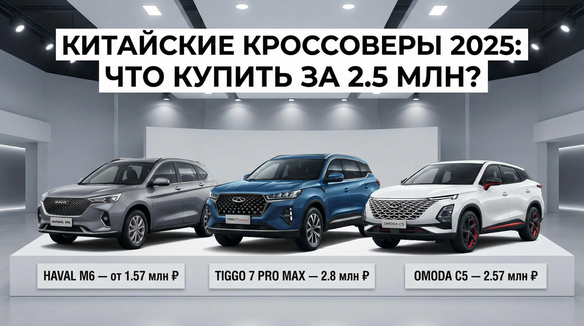 Три главных китайских претендента на бюджет в 2.5 миллиона: Haval M6, Chery Tiggo 7 Pro Max и Omoda C5