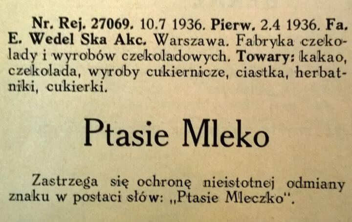 Патент на регистрацию товарного знака в Польше, 1936. Кстати, действовала эта защита 10 лет. Потом её требовалось продлевать. Но после 1956 года этого уже не делали. Возможно, поэтому в СССР появилась возможность проивзодить сладости под точно таким же названием и с похожей рецептурой. Отсюда: https://znakitowarowe-blog.pl/ 