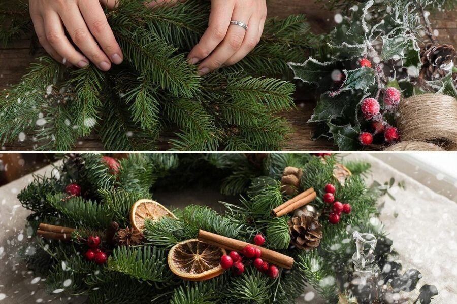 Новогодний декор своими руками: венок из веток ели, ягод падуба, палочек корицы и сушенных долек апельсина.