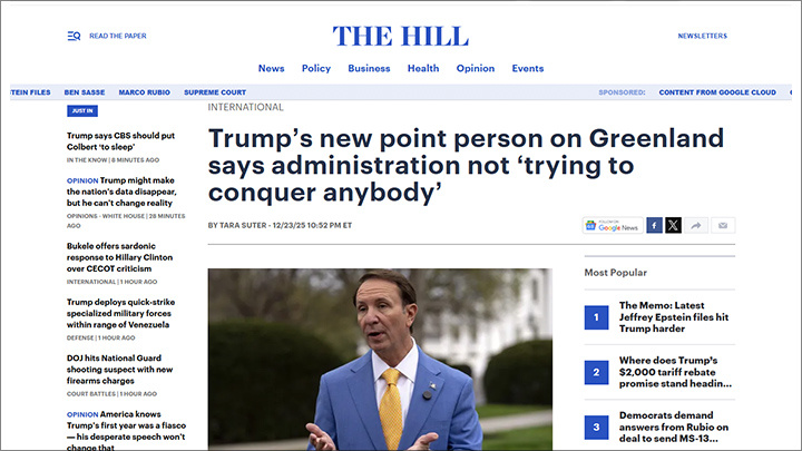    "Мы не пытаемся никого завоевать", - убеждает губернатор Луизианы, названный спецпосланником США в Гренландии. Скриншот: The Hill