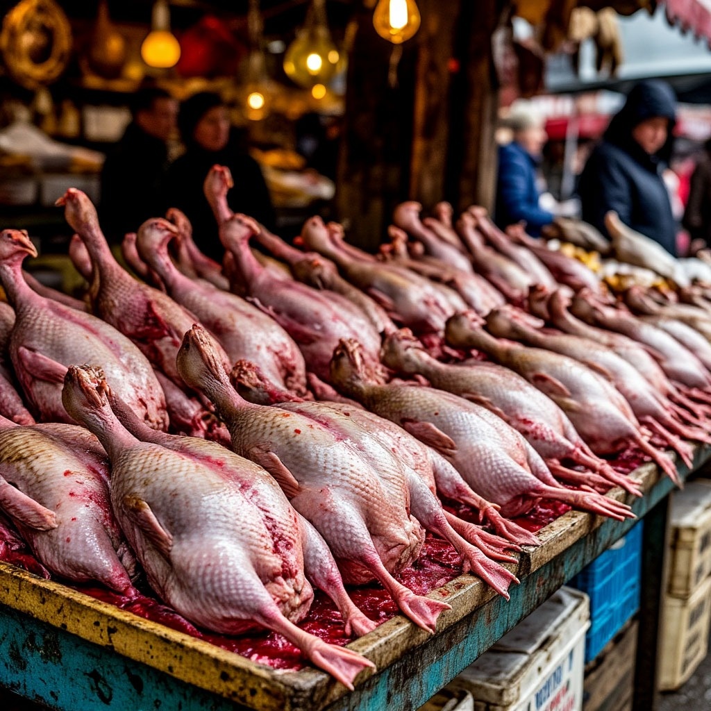 Тушки гусей на прилавках рынка. Иллюстрация из интернета в редакции Татьяны Федотовой.