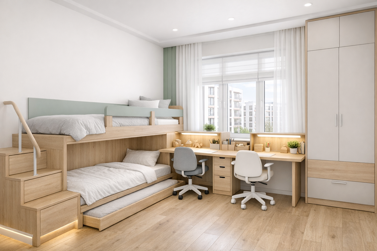 Детская 9 м² для двоих в СПб: подиум‑кровать, «двойной» стол и свет, который держит порядок